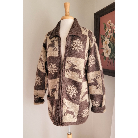 Vintage Wool Cowichan Style Sweater Wool Zip Front w/ Neutral Winter Patchwork - Picture 12 of 15